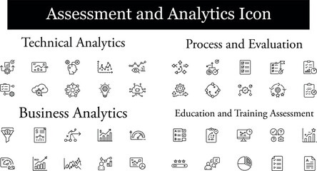 Assessment and analytics icon set, including technical analytics, process and evaluation, business analytics, and education and training assessment
