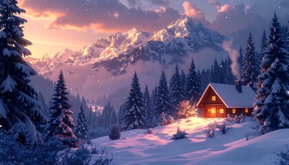 Snowy cabin nestled in the winter mountains, bathed in the warm glow of sunset light, with tall pines