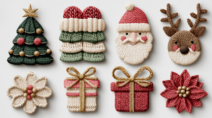 Scandinavian Christmas Clipart Set – 3D Embroidered Yarn Style with Gold Accents on White Background