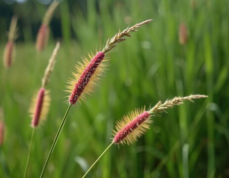 Close photo of purple nutsedge grass plants. The image showcases the detailed texture and color. Green bokeh background. The plant species is Cyperus rotundus known as coco grass.