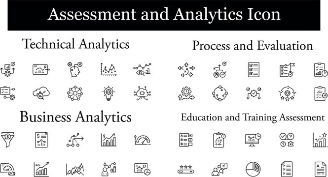 Assessment and analytics icon set, including technical analytics, process and evaluation, business analytics, and education and training assessment
