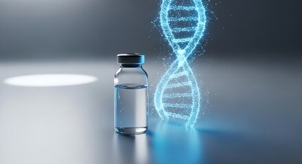 Vaccine vial with a glowing dna strand, representing medical innovation