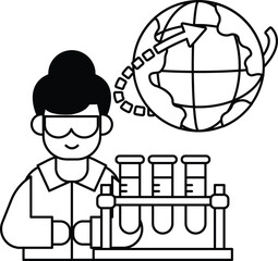 A man in a lab coat is holding a beaker and looking at a globe