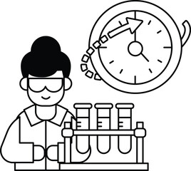 A man in a lab coat is working on a project with a clock in the background