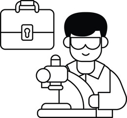 A man in a lab coat is holding a tool and smiling