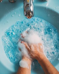Fototapeta premium Close-up of Hands Scrubbing in Bubbling Blue Water Under a Chrome Faucet.