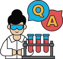 A man in a lab coat is holding a beaker and a test tube