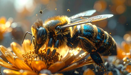A bee gathers nectar on a flower with bokeh backgrounds, creating a warm, golden, focused insect image