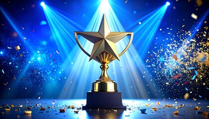 Golden star trophy on a pedestal, illuminated by bright spotlights and raining confetti against a blue backdrop