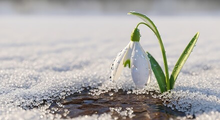 Close up of a snowdrop flower blooming in the snow, symbolizing the arrival of spring