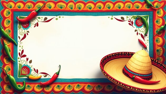 Vibrant Mexican border frame design with red, green, yellow chili peppers, sombrero hat. Colorful art for party, fiesta, invitation celebration events. Festive template features traditional decor.