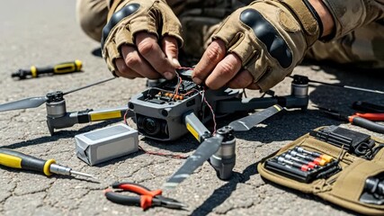 Man in military gloves repairing drone with tools on ground, preparing for reconnaissance footage