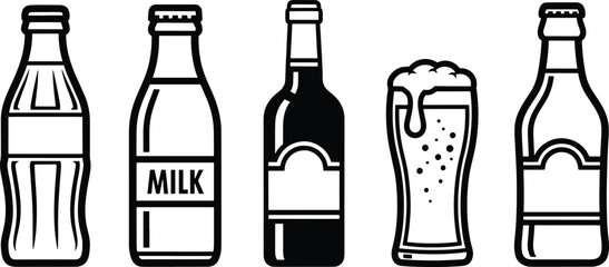 Beverage bottle and glass icons Vector