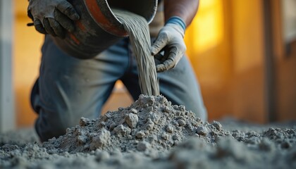 Worker pours concrete mix from bucket onto ground. Preparing material for building foundation and construction site. Manual labor, skill, safety, and building industry.