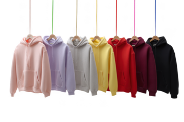 Assorted color hoodies hanging on hangers isolated on a transparent background clothing