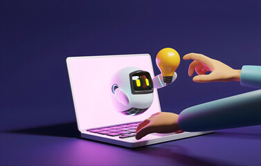 3D Cartoon Robot Emerging from Laptop Screen Holding Idea Light Bulb, AI Creative Solution Concept