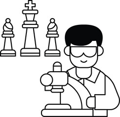 A man in a lab coat is holding a tool and looking at a chess board