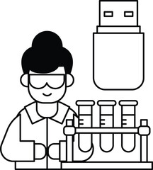 A woman in a lab coat is holding a USB drive