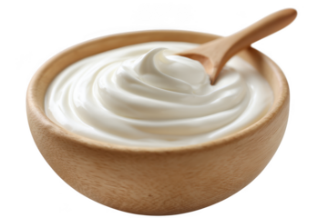 Creamy white yogurt swirl in wooden bowl isolated on a transparent background dairy
