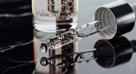 Close-up of serum dropper with water droplets on black marble background, showcasing beauty product concept.