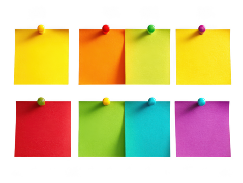 Eight colorful sticky notes pinned isolated on transparent background
