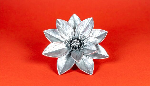 Metallic silver flower with layered petals, central stamen, sits against a vibrant red background