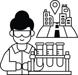A man in a lab coat is holding a beaker and looking at it