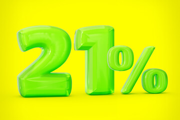 Green jelly digit 21% or Twenty one percent isolated on yellow background. 3d illustration