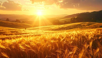 Golden field glows under a warm sunset, with rolling hills fading into the horizon in a serene rural landscape