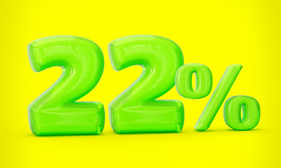 Green jelly digit 22% or Twenty two percent isolated on yellow background. 3d illustration