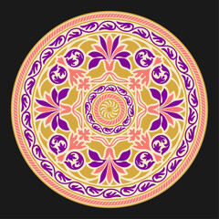 Colorful round pattern with stylized flowers and borders. Indian, Arabic, Middle East art legacy. Suzani style. 