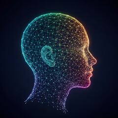 Polygonal Wireframe Human Head Profile with Rainbow Gradient on Dark Background.
