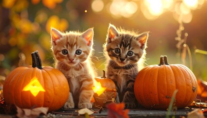 Two kittens sit between pumpkins, autumn leaves. Soft golden sunlight. Sweet, holiday season