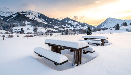 Snow-covered picnic tables in a winter field with distant mountains at dawn/dusk under a pastel-colored sky