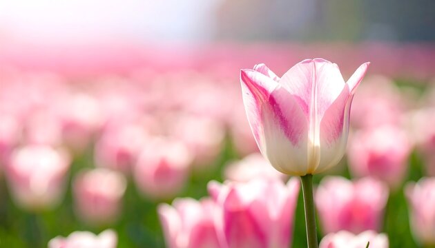 Pink & white tulip in focus, standing out from a field of blurry tulips, sunlit with soft light