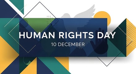 Human rights day banner with geometric shapes dove and hand on december tenth celebration design