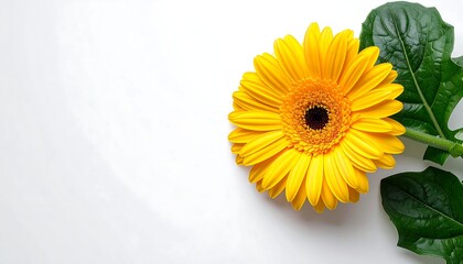 Bright yellow gerbera daisy on a clean white surface with fresh green leaves, creating a minimalist composition