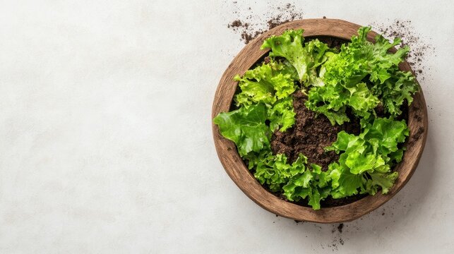 Healthy green lettuce growing in dark soil inside a round wooden bowl on a light textured surface. - Powered by Adobe