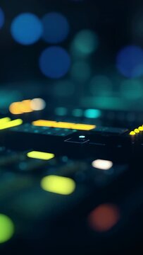 Vertical video: Powering on digital audio console in studio, pulsing fader LEDs for live mixing