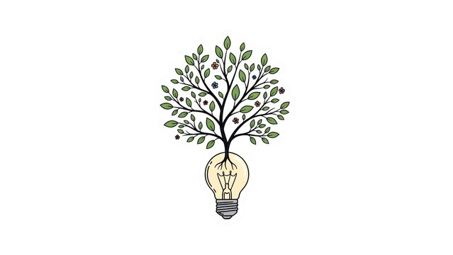 Illuminated light bulb nurturing a vibrant green tree, a powerful symbol of innovative ideas blooming into sustainable growth and a brighter, eco-conscious future