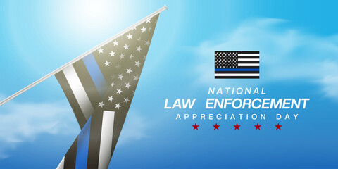 National Law Enforcement Appreciation Day. American flag, cloud and sun. Suitable for posters, banners and social media. Blue background.
