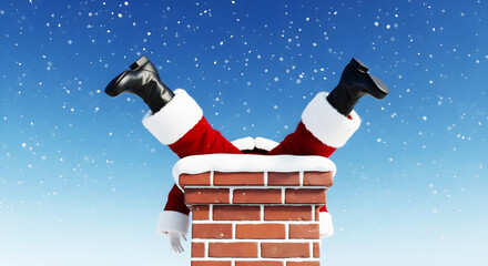 A playful winter holiday photo featuring Santa Claus’s legs dangling beside a frosty brick chimney under a bright snowy sky, perfect for humorous Christmas greeting cards and festive backgrounds.