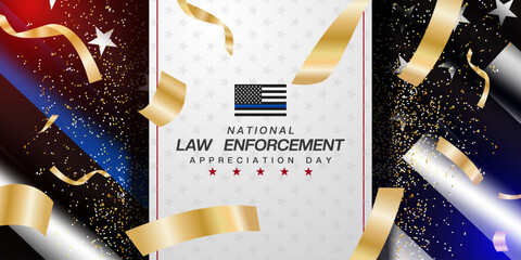 National Law Enforcement Appreciation Day. American flag, sparkle, ribbon and light. Suitable for posters, banners and social media. Black background.