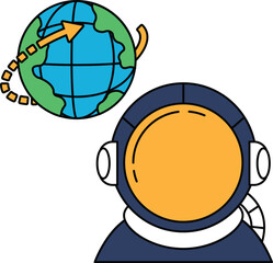 A man in a spacesuit is looking at a globe