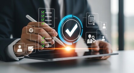 Business professional using a tablet with a glowing holographic interface displaying a verified checkmark and data analytics symbolizing quality assurance and successful project completion