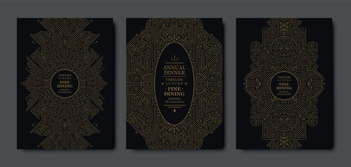 Premium gala card design, gold elegant frame, modern line art, luxury geometric pattern. VIP vector template classic deco, event invitations, posters, party flyers, award ceremonies