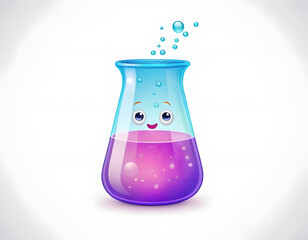 Cute Cartoon Erlenmeyer Flask or Chemistry Test Tube Mascot with Bubbles.