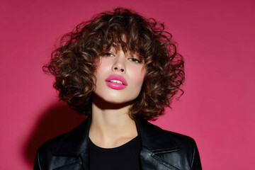 Woman posing with curly hair and pink lipstick
