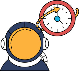 A man in a space suit is looking at a clock