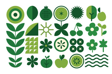 A modern Abstract Geometric Arrangement of Green Fruits, Leaves, Trees, and Floral Elements